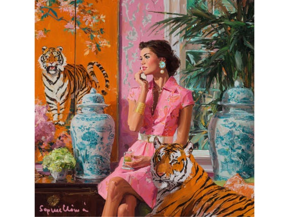 Grandmillennial art, Drinks with Tiger in Chinoiserie interior, Palm Beach vibe art