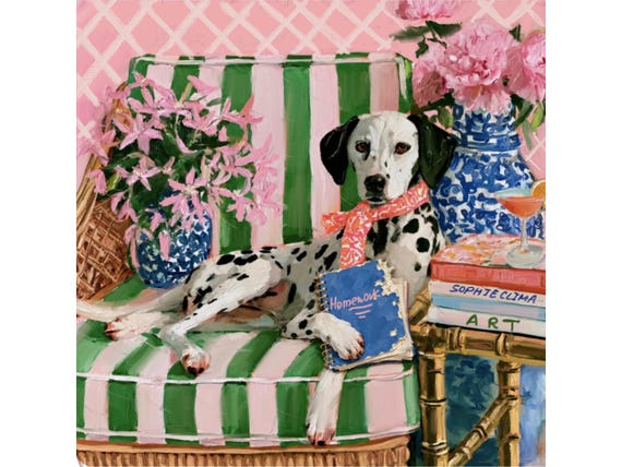 Dog eating a homework, whimsical Grandmillennial fine art print, signed print