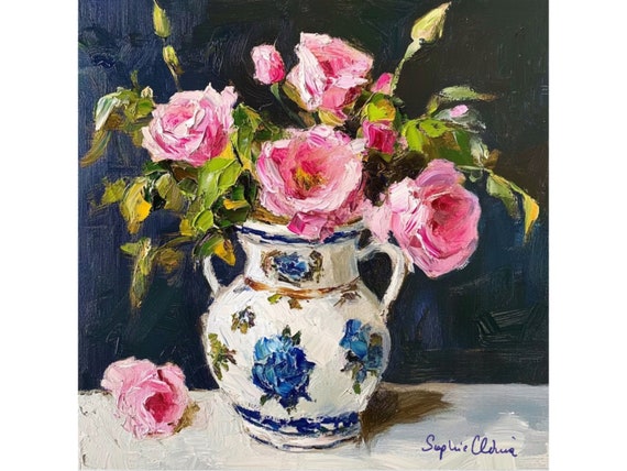 Tea roses fine art print, grandmillennial art, oil painting