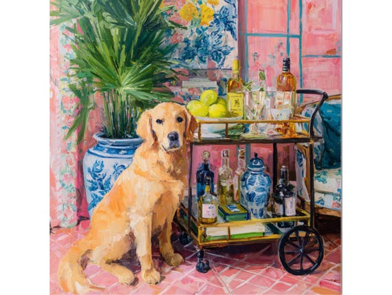 Golden Retriever and Drink Cart: Palm Beach dog giclee print