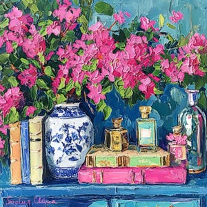 grandmillennial art, Still life with Bougainvillea flowers,  oil painting