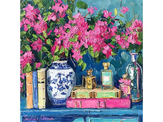 grandmillennial art, Still life with Bougainvillea flowers,  oil painting