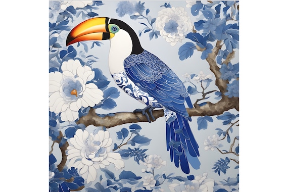 Grandmillennial art, Blue and white chinoiserie Toucan