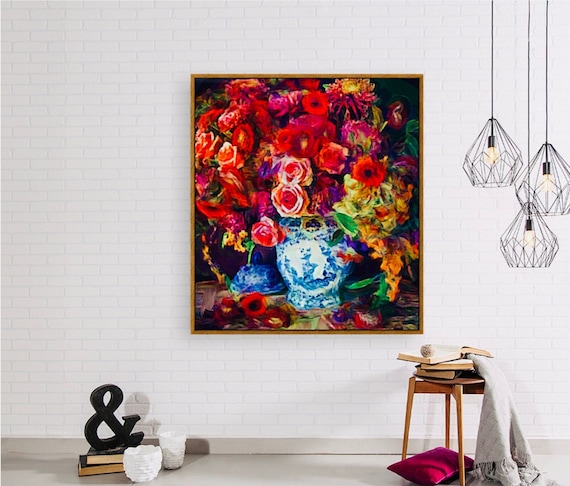 Autumn flowers in a blue and white chinoiserie jar