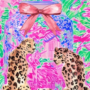 Grandmillennial art, instant download preppy chinoiserie print with cheetahs