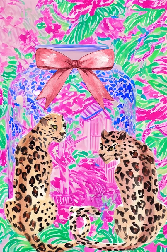 Grandmillennial art, instant download preppy chinoiserie print with cheetahs