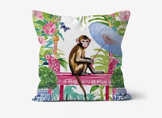 Monkey in chinoiserie garden, natural cotton canvas,  18”x18”