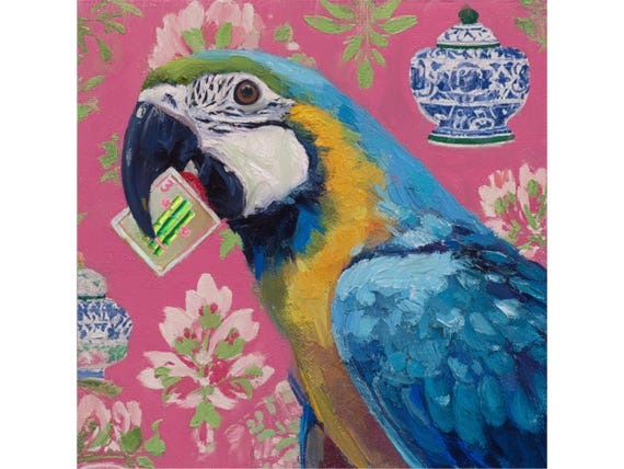 Preppy Macaw Parrot with Mahjong Tile,  giclee print