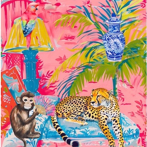 May include: A colourful painting with a pink backdrop, showcasing tropical motifs. A parrot sits on a turquoise lamp, a blue and white vase, a monkey with a fan, and a cheetah resting on a patterned chair are shown.