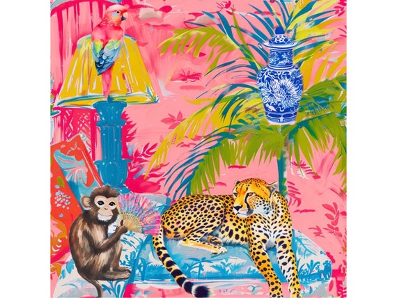 Preppy Cheetah and monkey in orange chinoiserie interior, whimsical watercolor