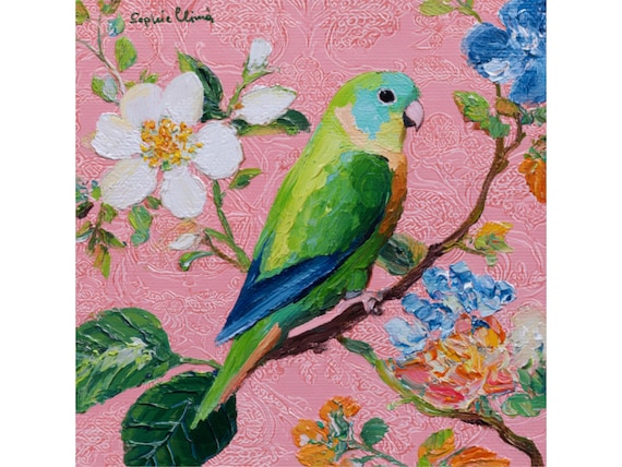 Grandmillennial art, Love bird in pink chinoiserie garden