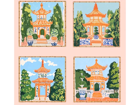 Chinoiserie Pagoda Watercolor Art Prints in Orange and sky blue - Set of 4