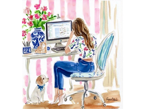 Grandmillennial art, The Office Hours, whimsical watercolor and pen sketch