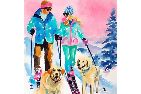 Skiing Couple Watercolor Painting with Golden Retrievers (60x60 cm)