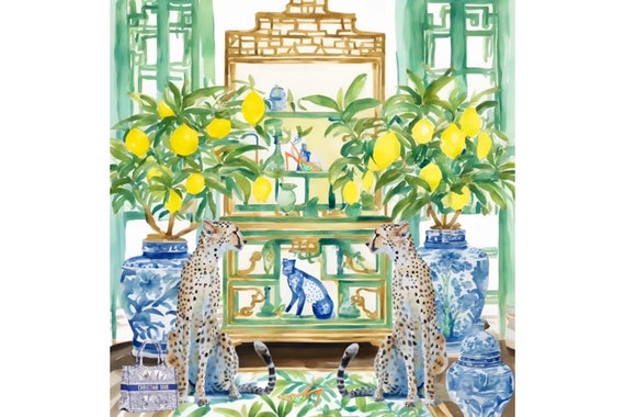 Grandmillennial art, Cheetahs and lemon trees in chinoiserie interior