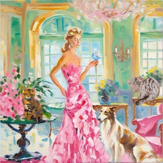 Grandmillennial art,The green drawing room, whimsical fine art