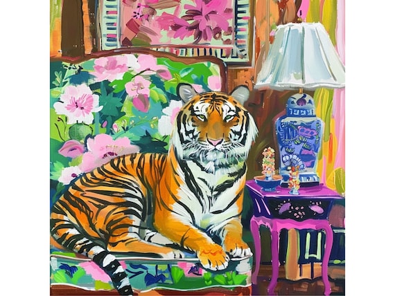 Grandmillennial art, Tiger in chinoiserie interior, Whimsical Fine Art