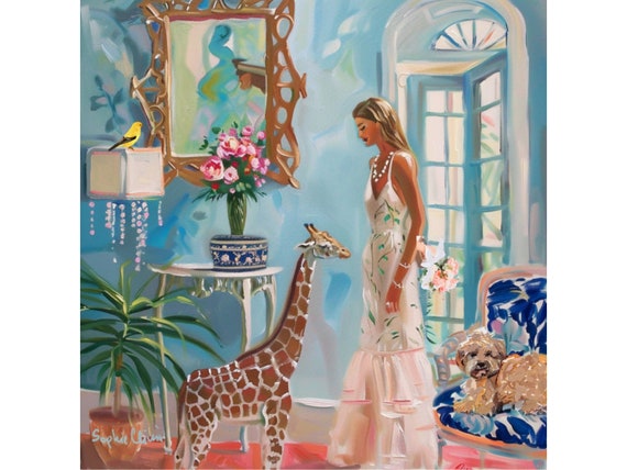 Grandmillennial art, Preppy whimsical oil painting, Blue Room with Baby Giraffe