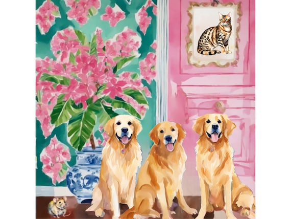 Grandmillennial art, They brought a cat home, preppy whimsical watercolor