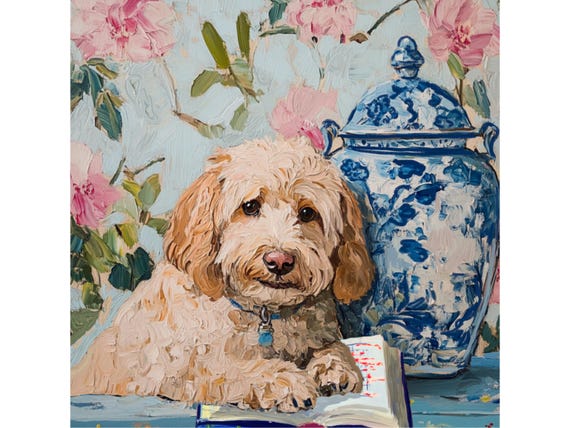 Grandmillennial art, Eating the homework, saving the day, whimsical Labradoodle art