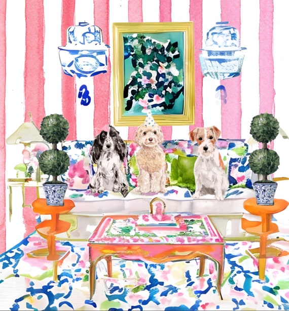 Grandmillennial art, Three dogs in preppy interior watercolor,  fine art print