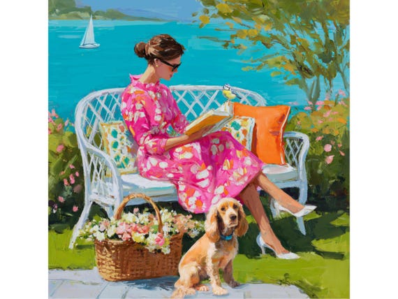 Grandmillennial Art: Reading time with Spaniel, Coastal Palm Beach