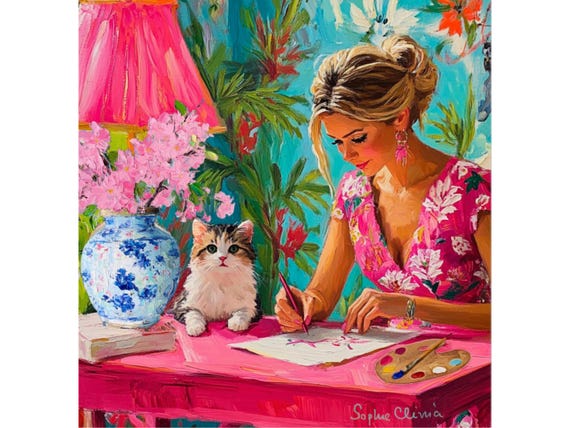 Grandmillennial art, Artists at work, whimsical fine art print