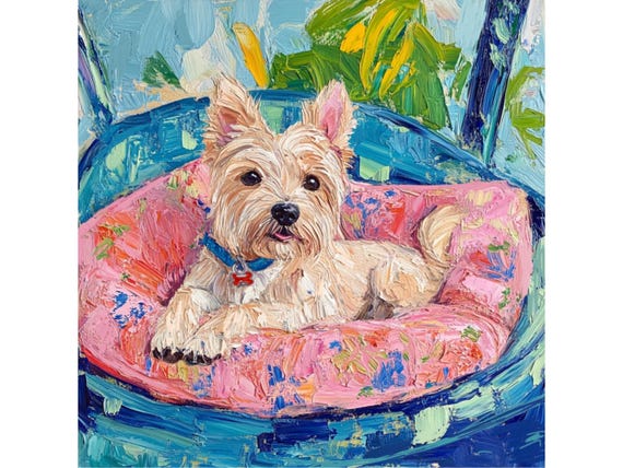 Grandmillennial art, A New Bed, whimsical dogs art