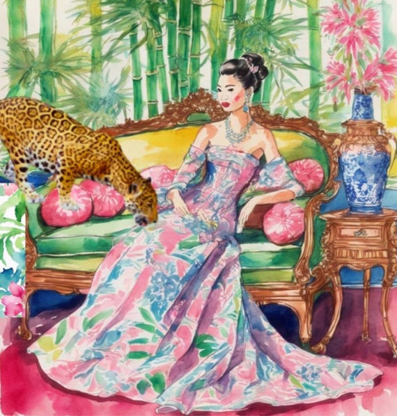 Chinoiserie art, Cheetah and a girl in chinoiserie interior, digital download