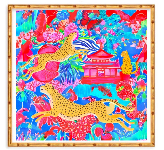 Grandmillennial art, A garden of dancing cheetahs, modern chinoiserie print