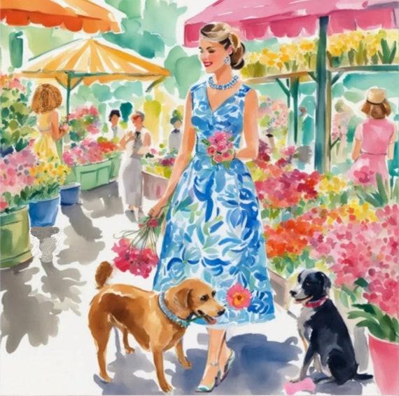 Whimsical Watercolor Art Print: Woman, Dogs, and Flowers