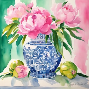 Rosa Pfingstrosen im Ingwerglas, grandmillennial Art, Aquarellmalerei