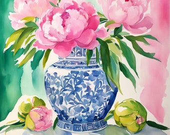 Pink peonies in ginger jar, grandmillennial art, watercolor painting