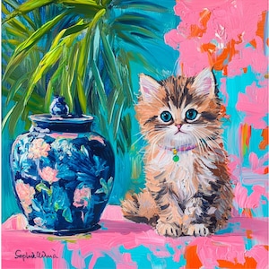 Whimsical Kitten Art Print: Tabby Cat and Ginger Jar