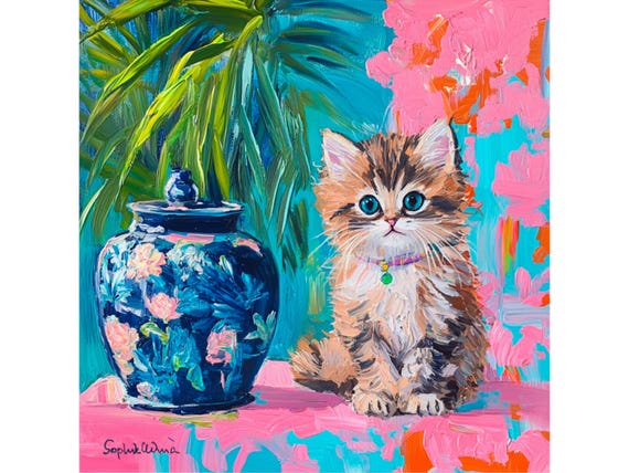 Whimsical Kitten Art Print: Tabby Cat and Ginger Jar