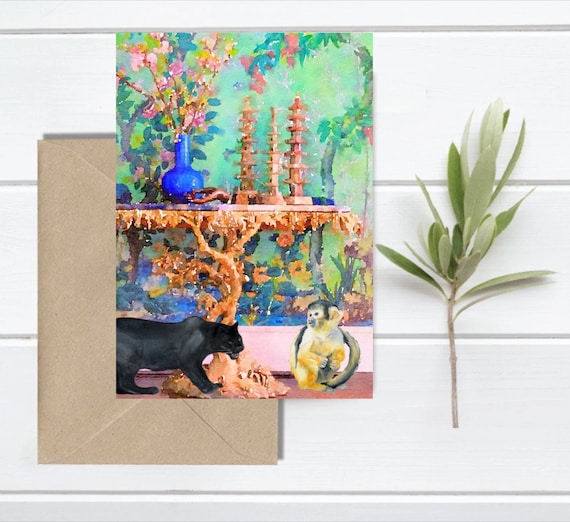 Panther and monkey in chinoiserie interior, a5 blank greeting card
