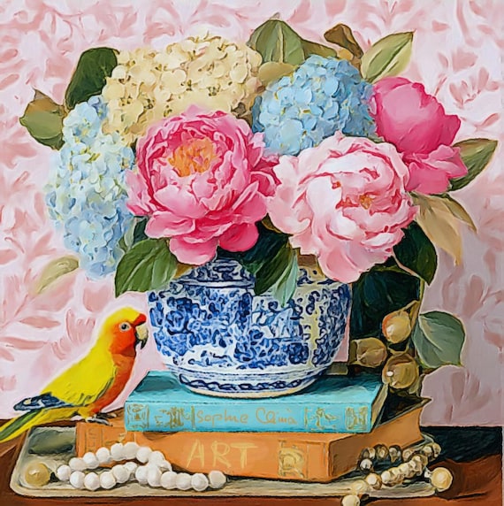 grandmillennial art, Earthy vibrant chinoiserie florals and parrot art,  oil painting