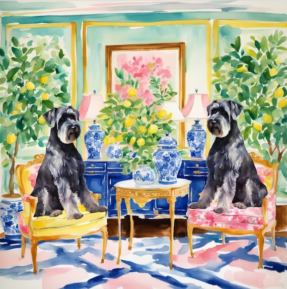 Grandmillennial art, Giant Schnauzers in chinoiserie room with lemon tree, whimsical watercolor