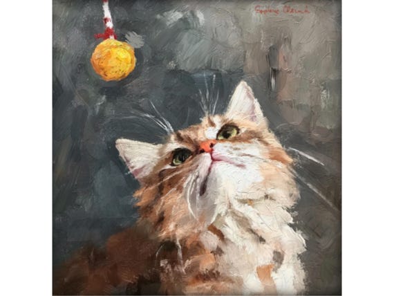 Grandmillennial art, A New Toy , whimsical kitten art