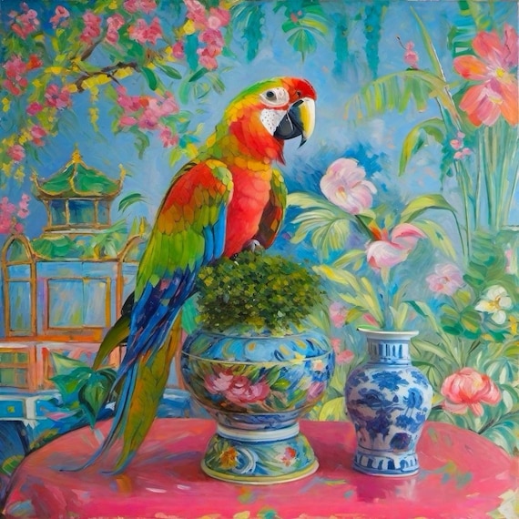 Grandmillennial art,Macaw parrots in chinoiserie room, whimsical fine art