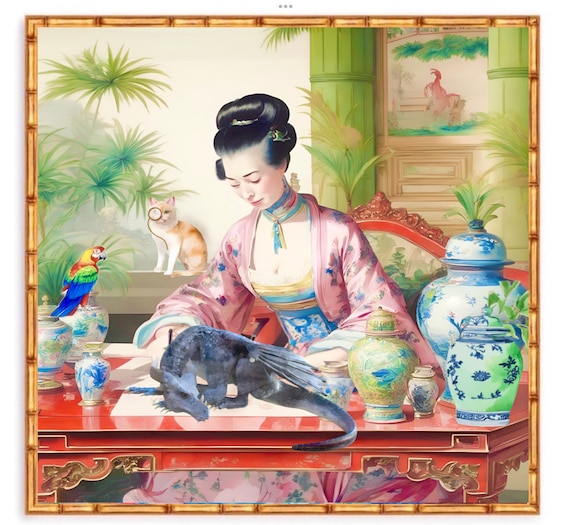 Chinoiserie art, Living with Writing Dragon, watercolor wall art