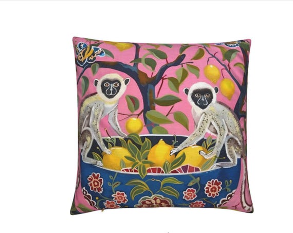 Two monkeys playing with lemons in chinoiserie garden, natural cotton canvas,  16x16”