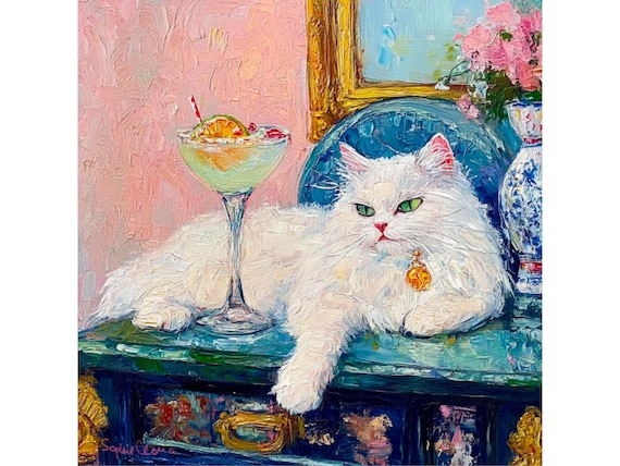 Grandmillennial art, A Glass of Catnip, whimsical cat art