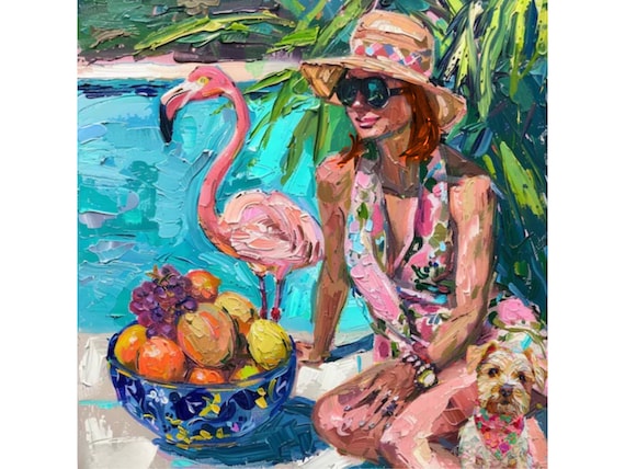 Pink Flamingo beach, grandmillennial art, whimsical fine art print