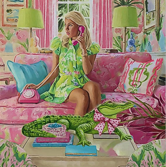 Grandmillennial art, Bow Tie gator eavesdropping in Park Royale room, whimsical fine art