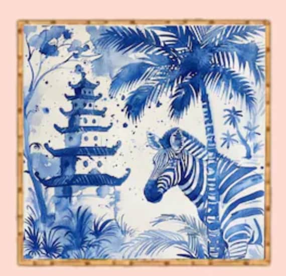 Grandmillennial art, Blue and white chinoiserie zebra in pagoda garden art print