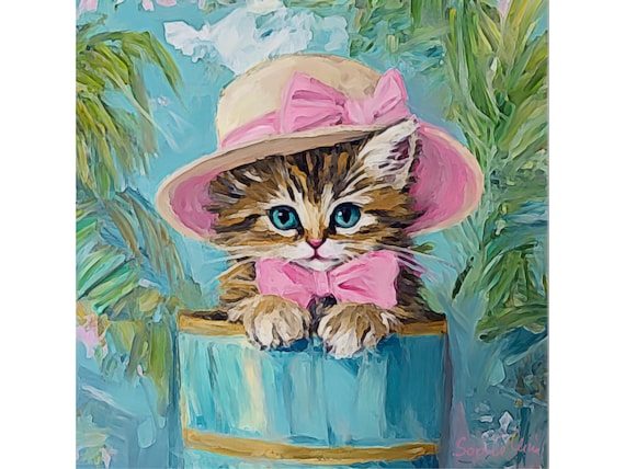 Preppy Cat Art, Kitten in a Hat Box