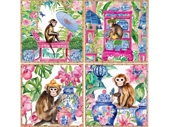 Monkeys in preppy chinoiserie garden Art Prints: set of 4