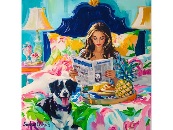 Grandmillennial art, Breakfast in Bed, whimsical fine art