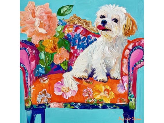Grandmillennial art, Cheeky Multipoo on orange chair, whimsical dogs art